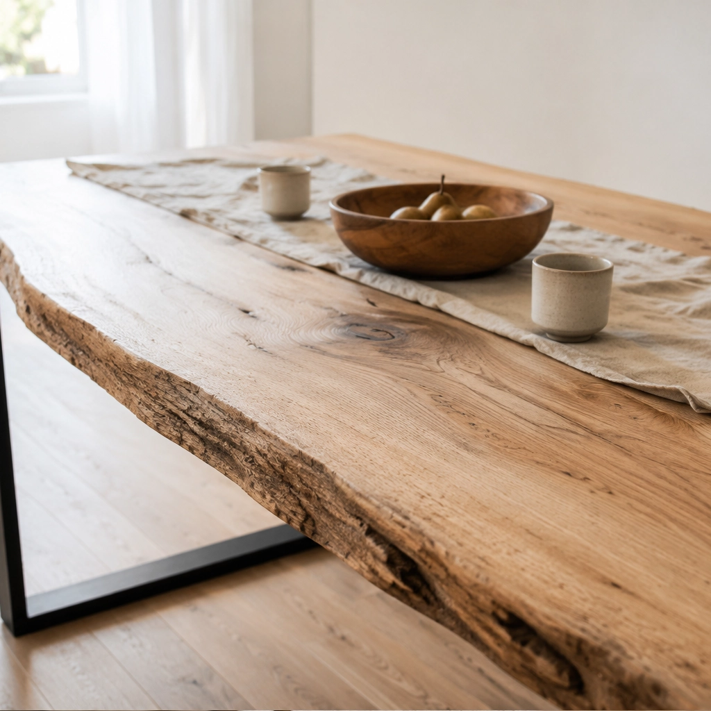Massiver Esstisch aus Eiche mit natürlicher Baumkante und schwarzem Metallgestell, gedeckt mit Leinenläufer und Holzschale.