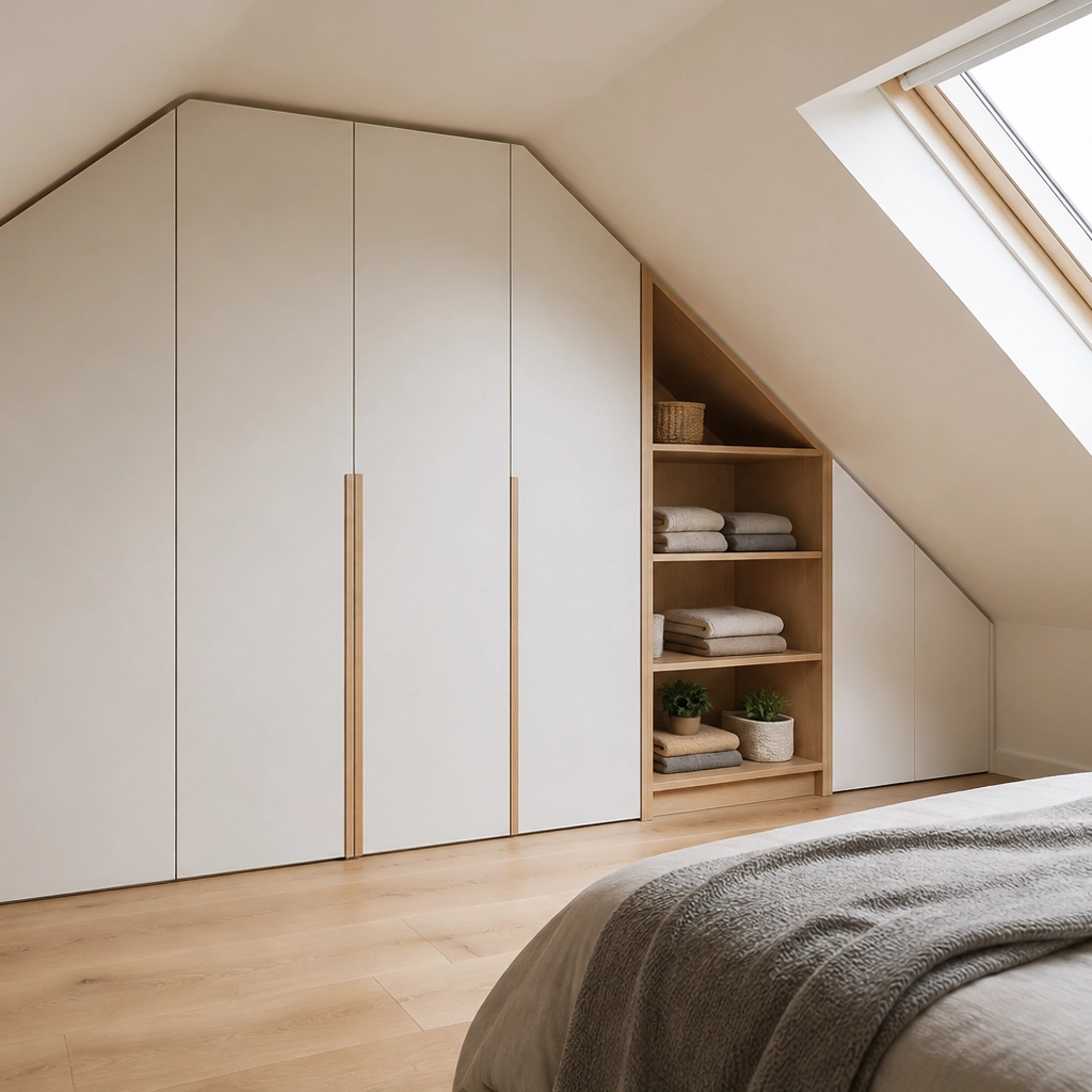 Einbauschrank unter der Dachschräge in einem Schlafzimmer: weiße grifflose Fronten folgen der Dachneigung, daneben ein offenes Eichenregal mit gefalteten Handtüchern.