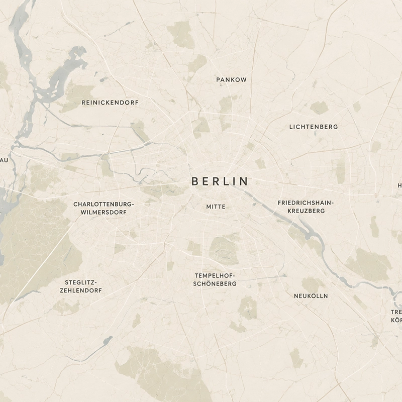 Stadtplan von Berlin mit Mitte, Pankow, Reinickendorf, Lichtenberg, Charlottenburg-Wilmersdorf, Friedrichshain-Kreuzberg, Tempelhof-Schöneberg, Neukölln und Steglitz-Zehlendorf — MAGUBO nimmt im gesamten Stadtgebiet Aufmaß, liefert und montiert.
